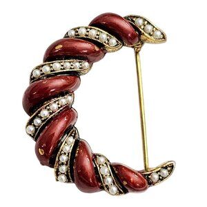 HAR Faux Pearl Red Enamel Crescent Moon Brooch Rare Pin Signed, J371
